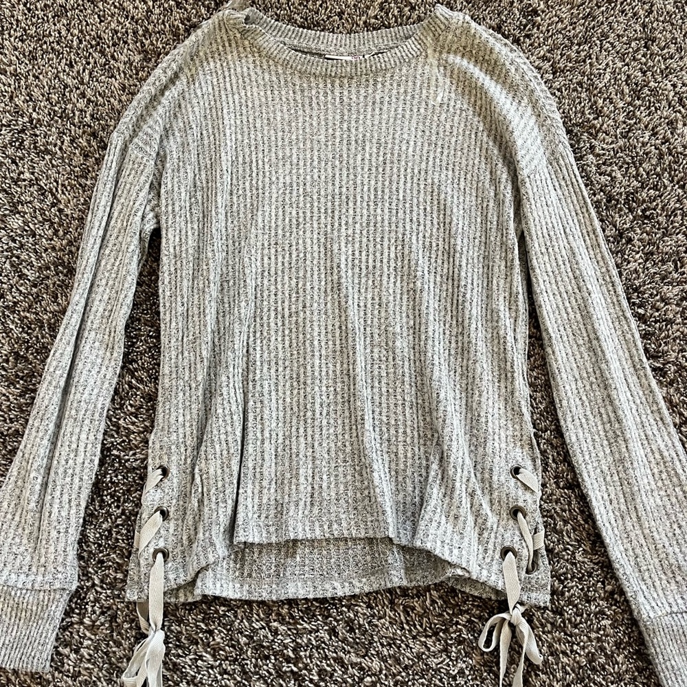 Gray Ribbed Sweater with Lace-Up Sides